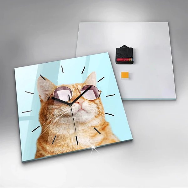 Wanduhr quadratisch Lustige Katze mit Brille