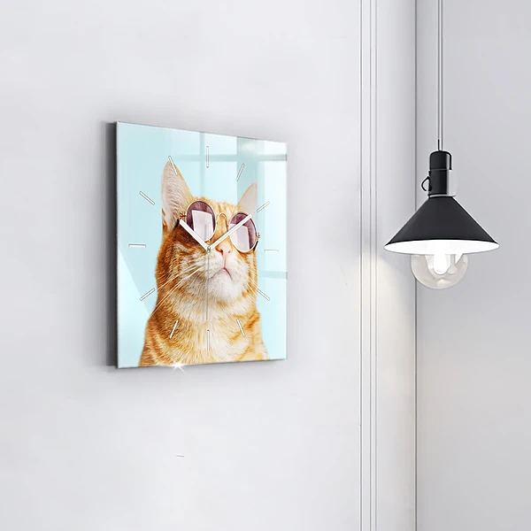 Wanduhr quadratisch Lustige Katze mit Brille
