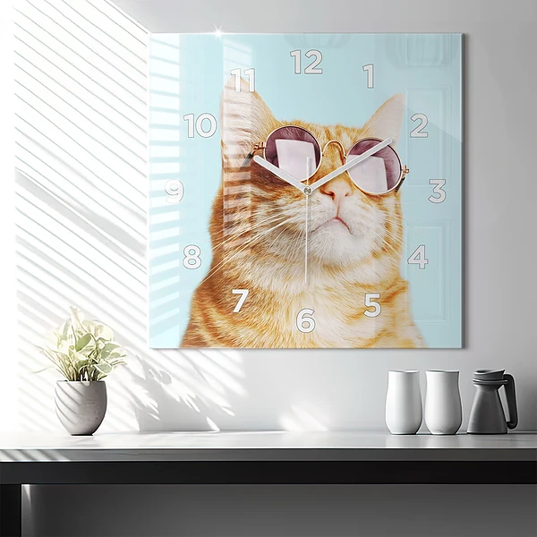 Wanduhr quadratisch Lustige Katze mit Brille
