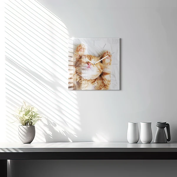 Wanduhr modern quadratisch Kleine Katze schlafend