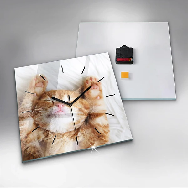 Wanduhr modern quadratisch Kleine Katze schlafend
