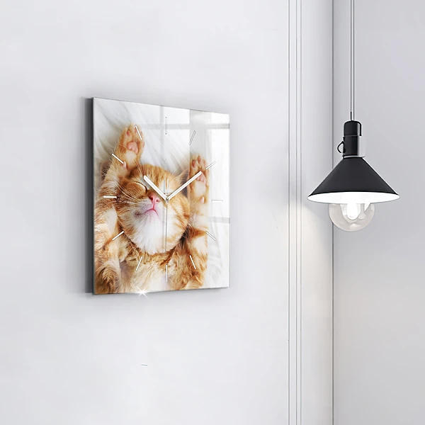 Wanduhr modern quadratisch Kleine Katze schlafend