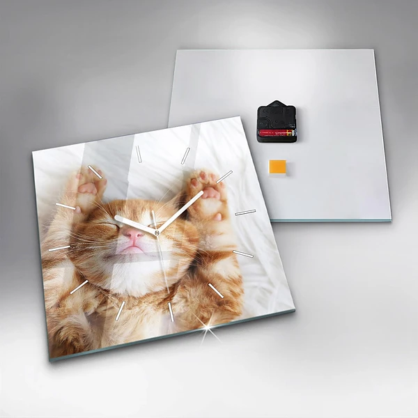 Wanduhr modern quadratisch Kleine Katze schlafend