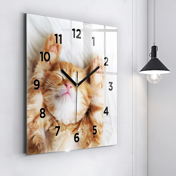 Wanduhr modern quadratisch Kleine Katze schlafend