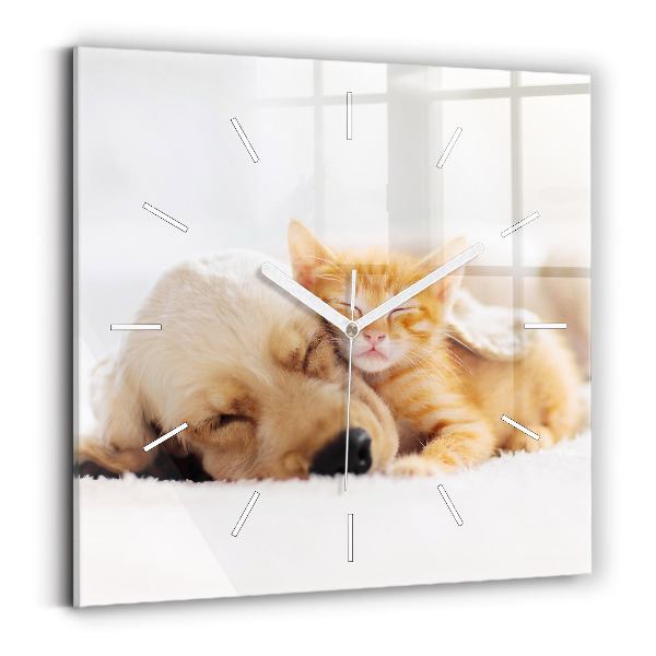 Wanduhr quadratisch Schlafende Katze und Hund