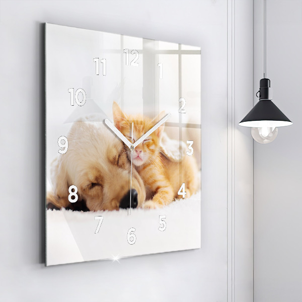 Wanduhr quadratisch Schlafende Katze und Hund