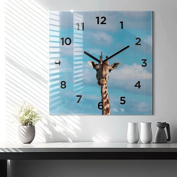 Wanduhr quadratisch Große Giraffe vor einem Himmelshintergrund