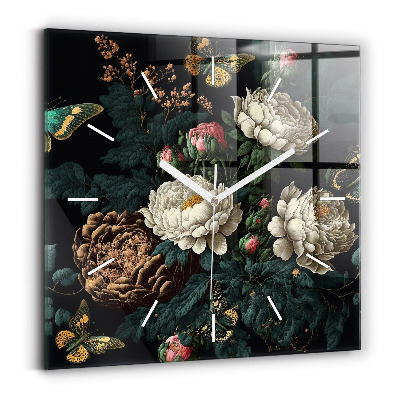 Wanduhr quadratisch mit motiv Blume und goldene Schmetterlinge