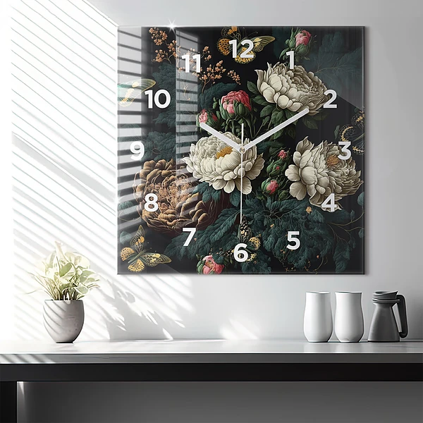 Wanduhr quadratisch mit motiv Blume und goldene Schmetterlinge