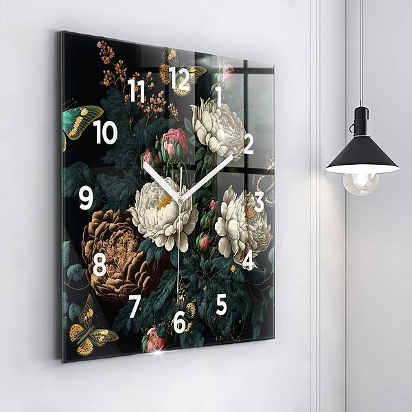 Wanduhr quadratisch mit motiv Blume und goldene Schmetterlinge