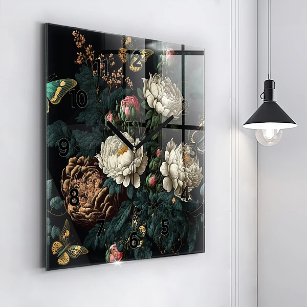 Wanduhr quadratisch mit motiv Blume und goldene Schmetterlinge