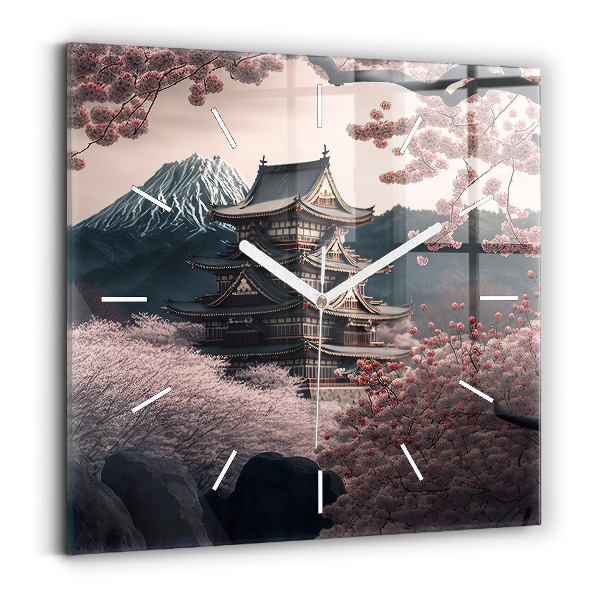 Wanduhr quadratisch Asiatischer Turm Kirschblüten
