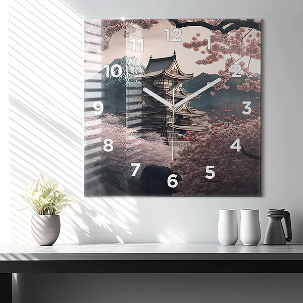 Wanduhr quadratisch Asiatischer Turm Kirschblüten