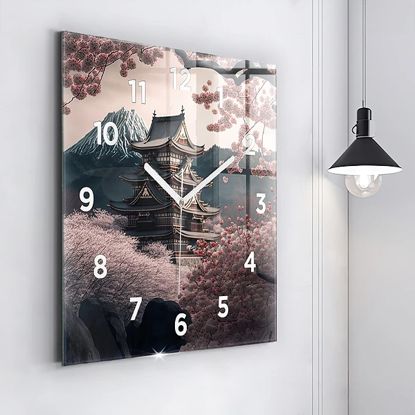 Wanduhr quadratisch Asiatischer Turm Kirschblüten