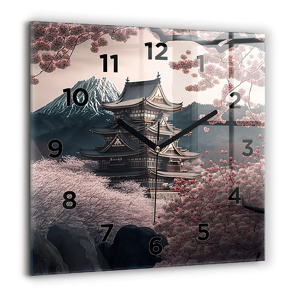 Wanduhr quadratisch Asiatischer Turm Kirschblüten