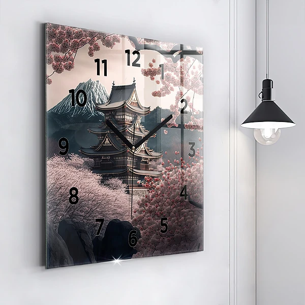 Wanduhr quadratisch Asiatischer Turm Kirschblüten