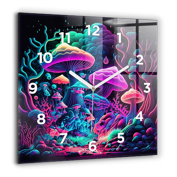Wanduhr modern quadratisch Neon-Pilze