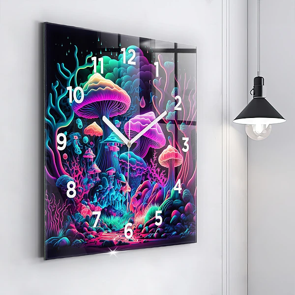 Wanduhr modern quadratisch Neon-Pilze