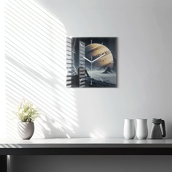 Wanduhr quadratisch mit motiv Mann auf Mond Hintergrund
