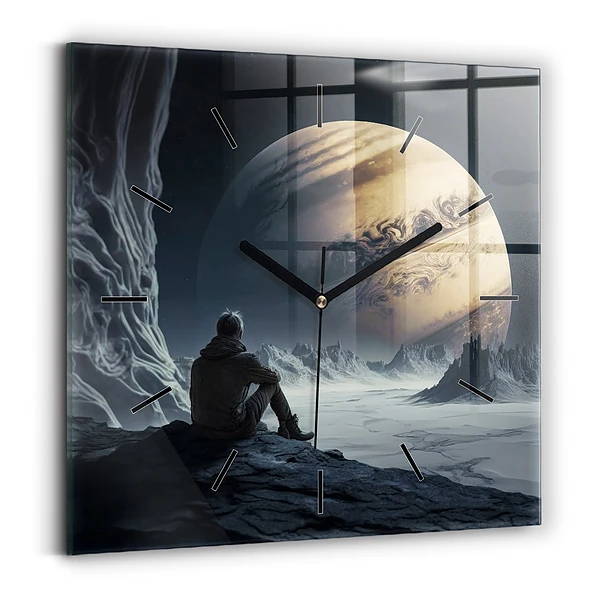 Wanduhr quadratisch mit motiv Mann auf Mond Hintergrund