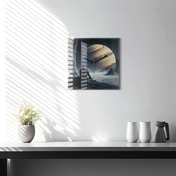 Wanduhr quadratisch mit motiv Mann auf Mond Hintergrund