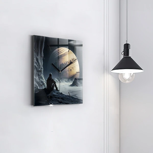 Wanduhr quadratisch mit motiv Mann auf Mond Hintergrund