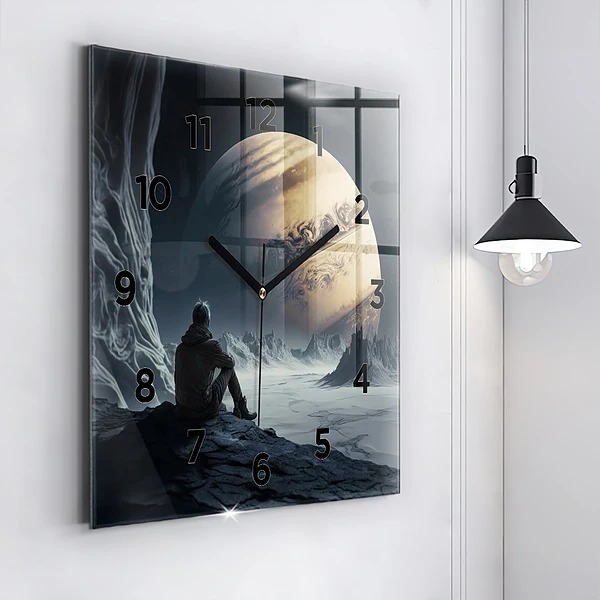 Wanduhr quadratisch mit motiv Mann auf Mond Hintergrund