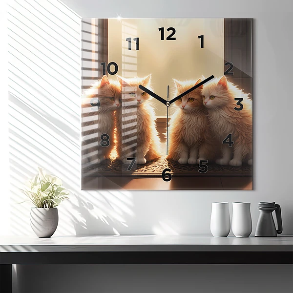 Wanduhr modern quadratisch Vier Katzen in der Sonne