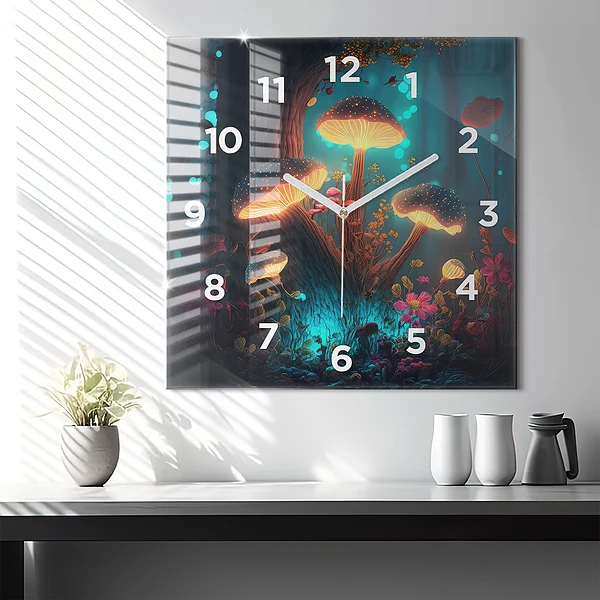 Wanduhr quadratisch mit motiv Wald und Zauberpilze
