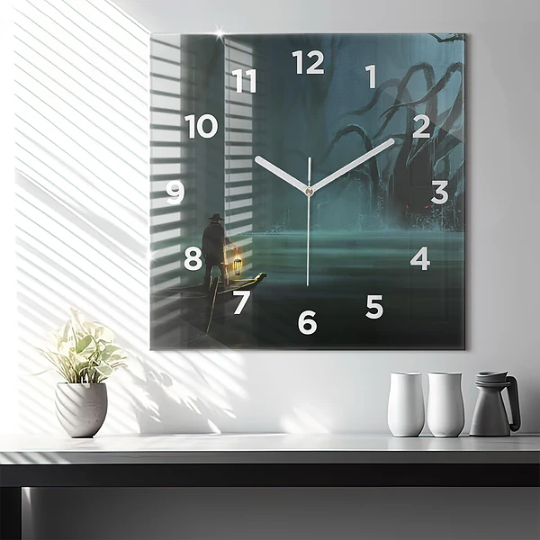 Wanduhr quadratisch mit motiv Mensch und Ungeheuer im Sumpf