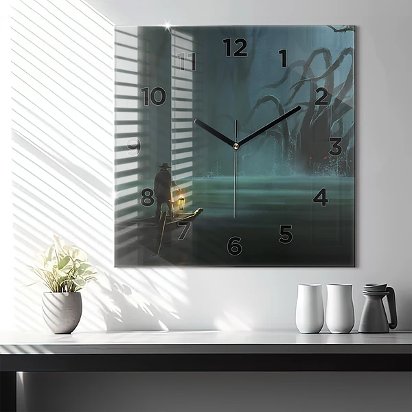 Wanduhr quadratisch mit motiv Mensch und Ungeheuer im Sumpf