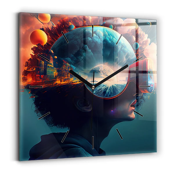 Wanduhr quadratisch Futuristische virtuelle Welt