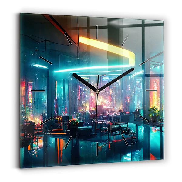 Wanduhr quadratisch Stadt im Cyberpunk-Stil