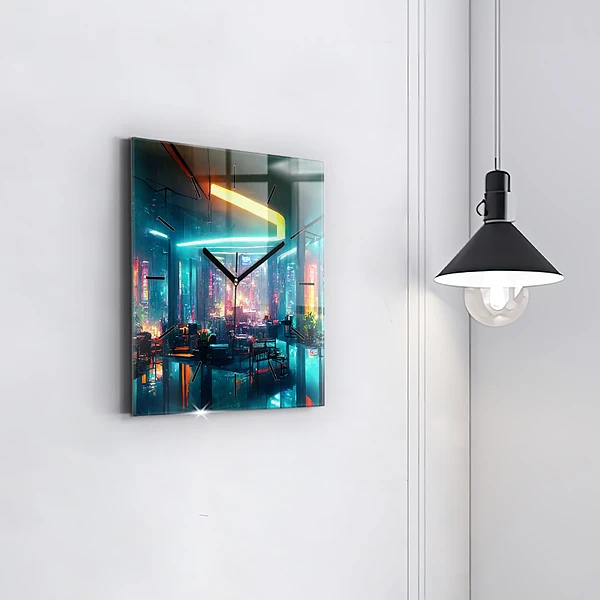 Wanduhr quadratisch Stadt im Cyberpunk-Stil