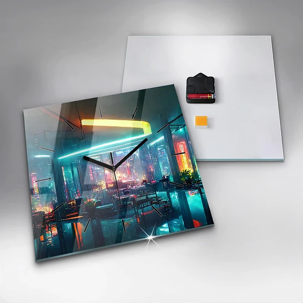 Wanduhr quadratisch Stadt im Cyberpunk-Stil