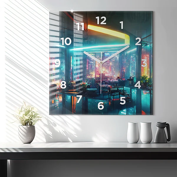 Wanduhr quadratisch Stadt im Cyberpunk-Stil