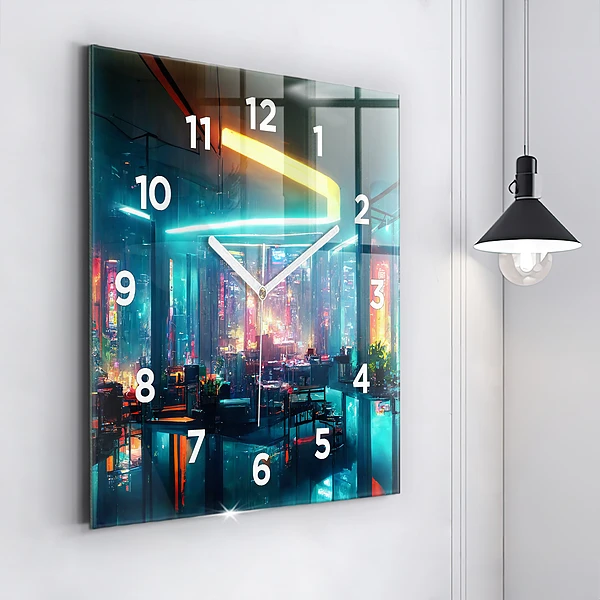 Wanduhr quadratisch Stadt im Cyberpunk-Stil