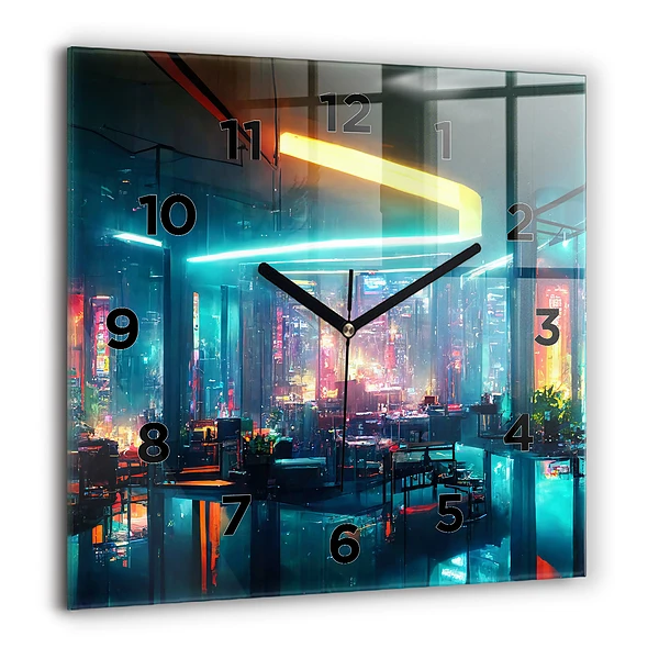 Wanduhr quadratisch Stadt im Cyberpunk-Stil
