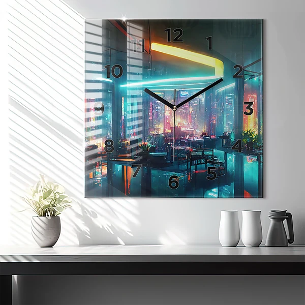 Wanduhr quadratisch Stadt im Cyberpunk-Stil