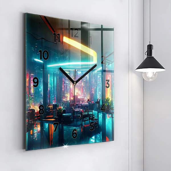Wanduhr quadratisch Stadt im Cyberpunk-Stil