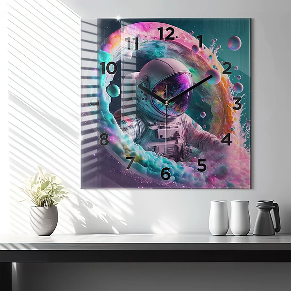 Wanduhr quadratisch Kosmonautenfarbene Wolken