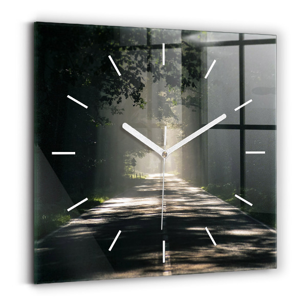 Wanduhr quadratisch mit motiv Waldweg und Sonnenschlieren