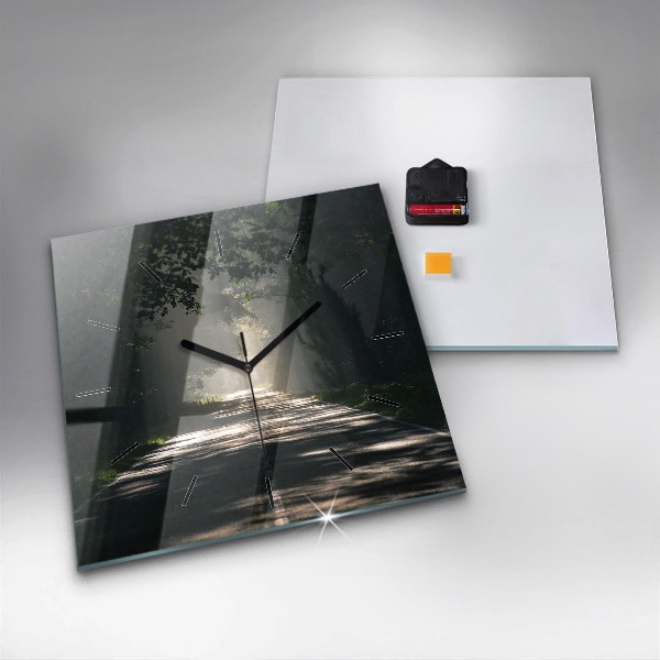 Wanduhr quadratisch mit motiv Waldweg und Sonnenschlieren