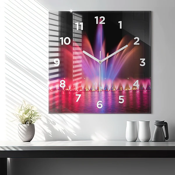 Wanduhr quadratisch mit motiv Breslauer Springbrunnen bei Nacht