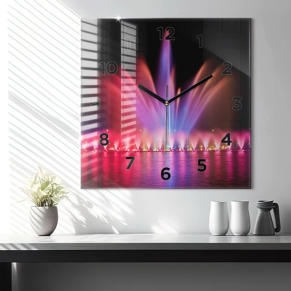 Wanduhr quadratisch mit motiv Breslauer Springbrunnen bei Nacht