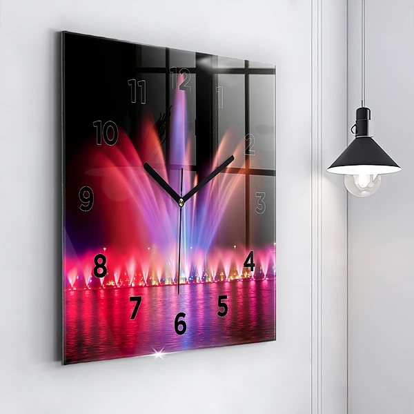 Wanduhr quadratisch mit motiv Breslauer Springbrunnen bei Nacht