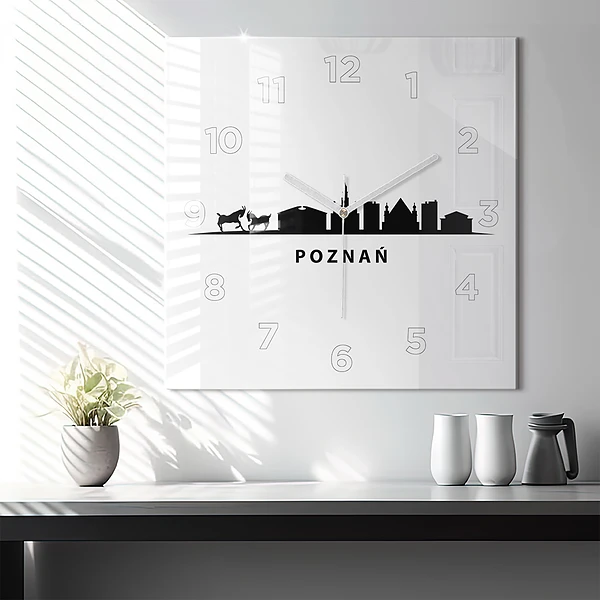 Wanduhr quadratisch Grafik der Skyline von Poznan