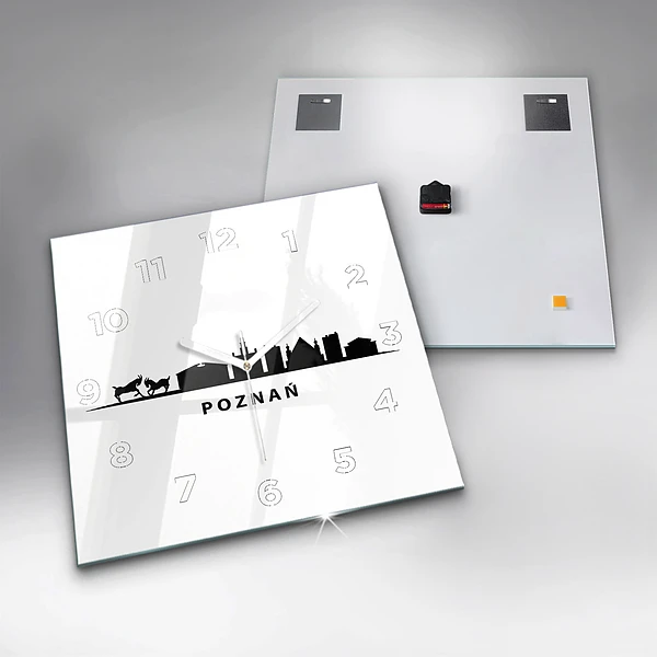 Wanduhr quadratisch Grafik der Skyline von Poznan