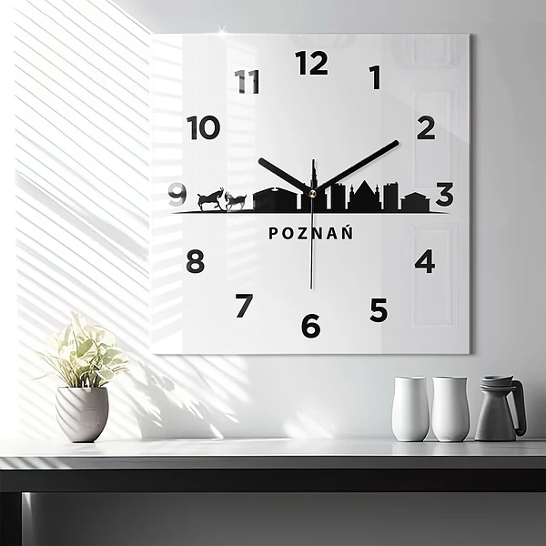 Wanduhr quadratisch Grafik der Skyline von Poznan