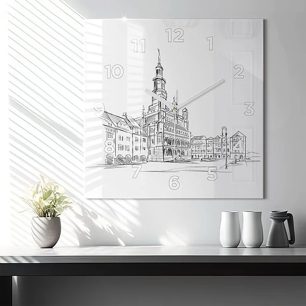 Wanduhr quadratisch Skizze der Altstadt von Poznan